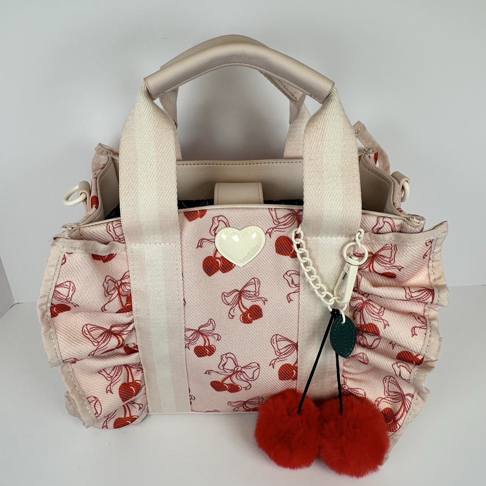 Betsey Johnson Cherry Ruffle Tote Bag Women Pink Red Canvas Crossbody Handbag - Picture 3 of 12